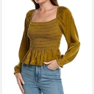 Bella Dahl Mustard Smocked Peplum Long Sleeve Blouse